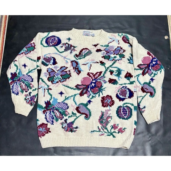 Cape Isle Knitters Sweaters - Vintage Cottage Grandma Core Sweater Flower Floral Cape Isle Knitters M-XL Rare
